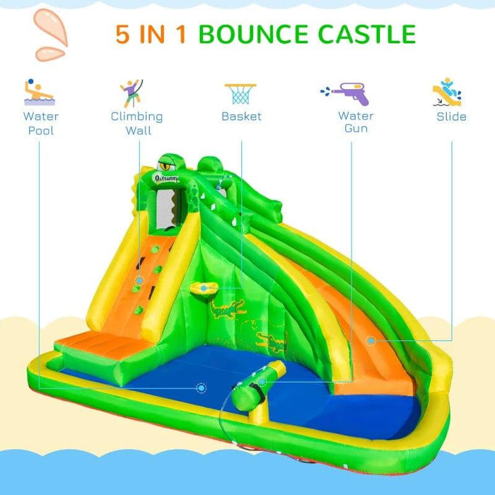 5-in-1 Bounce Castle with Slide, Water Pool, Water Gun, Basket and Climbing Wall with Blower - Little and Giant Explorers Outsunny