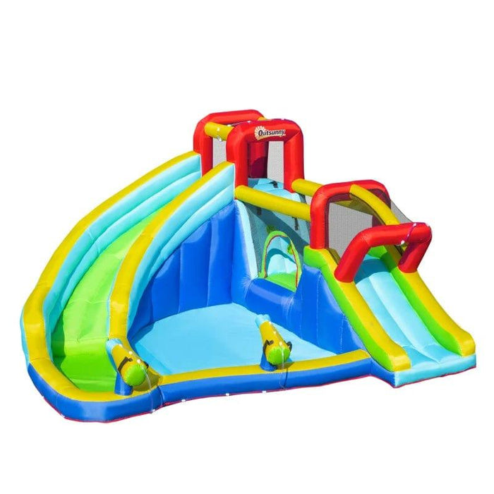 5-in-1 Bounce Castle with Trampoline, Slide, Water Pool, Climbing Wall and 2 Water Guns with Blower - Little and Giant Explorers Outsunny