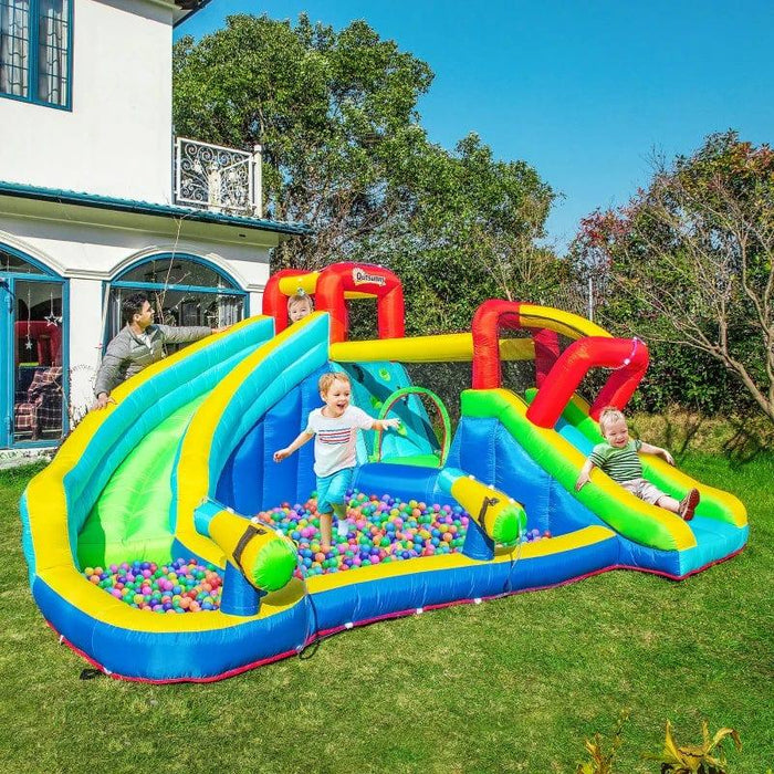 5-in-1 Bounce Castle with Trampoline, Slide, Water Pool, Climbing Wall and 2 Water Guns with Blower - Little and Giant Explorers Outsunny