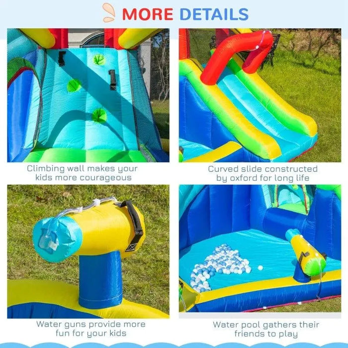 5-in-1 Bounce Castle with Trampoline, Slide, Water Pool, Climbing Wall and 2 Water Guns with Blower - Little and Giant Explorers Outsunny