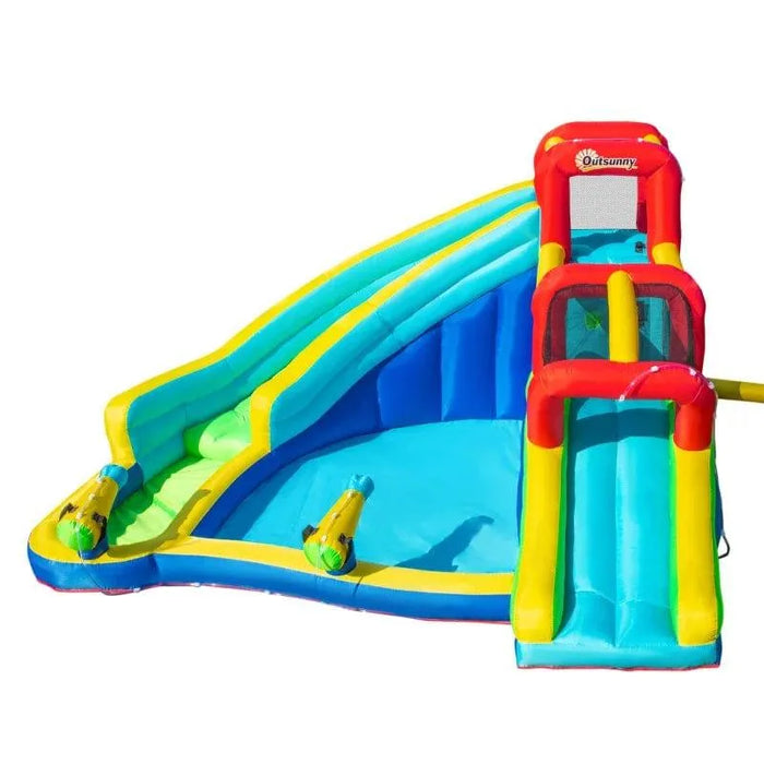 5-in-1 Bounce Castle with Trampoline, Slide, Water Pool, Climbing Wall and 2 Water Guns with Blower - Little and Giant Explorers Outsunny