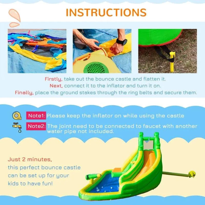 Setup instructions for 5-in-1 inflatable bounce house with slide, pool, water gun, and climbing wall.