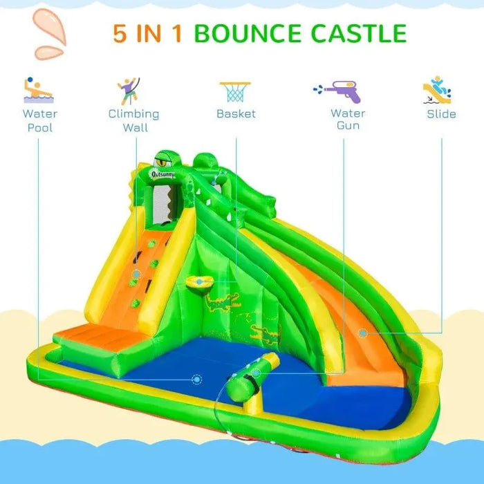 5-in-1 inflatable bounce castle with slide, climbing wall, water pool, water gun, and basketball hoop
