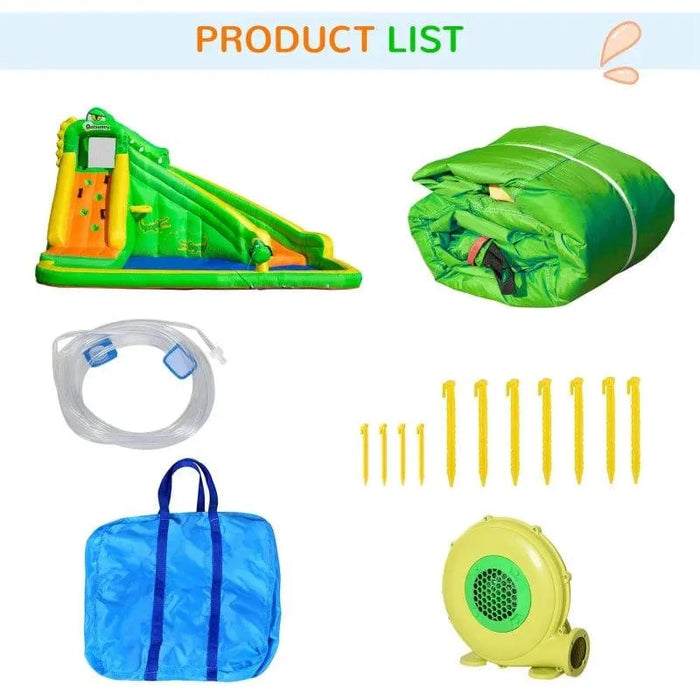 5-in-1 inflatable garden water castle slide set with blower, stakes, water hose, carry bag