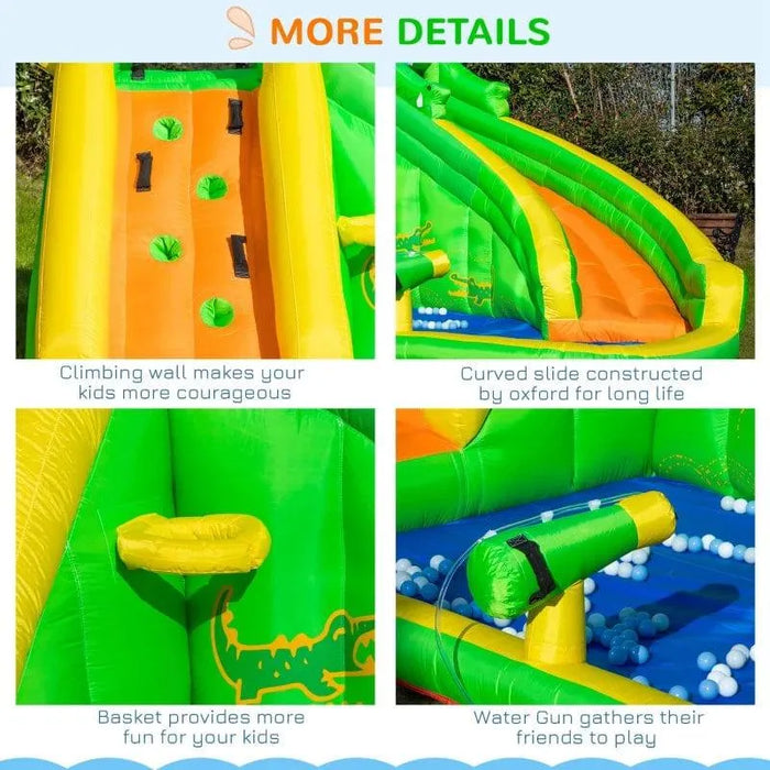Inflatable 5-in-1 bounce house with climbing wall, curved slide, basketball hoop, water gun, and ball pit in a garden setting.