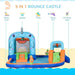 5-in-1 bouncy castle water park with slide, climbing wall, water pool, basket, and water gun