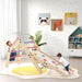 Kids playing on colorful wooden 5-in-1 indoor climbing set with ramp in playroom.