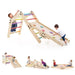 Children playing on a 5-in-1 convertible indoor climbing set with colorful pine wood ramp and seesaw.