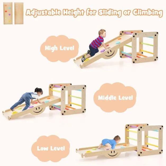 Children climbing on adjustable 5-in-1 indoor climbing set with colorful pine wood ramp.