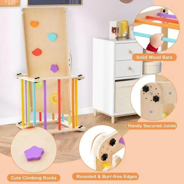 Colorful indoor wooden climbing set with rainbow bars, climbing rocks, and child-safe edges