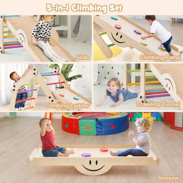 5-in-1 convertible indoor climbing set for kids with slide, seesaw, ladder, ramp, and tunnel.