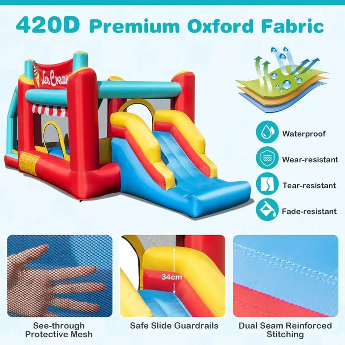 Colorful inflatable bounce house with slide featuring ice cream theme and safety features
