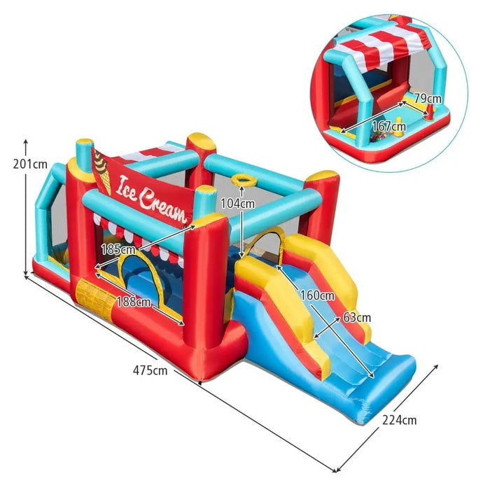 Ice cream themed inflatable bounce house with slide, colorful red blue and yellow design