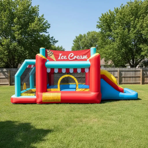 Colorful inflatable ice cream themed bounce house with slide on green lawn under blue sky