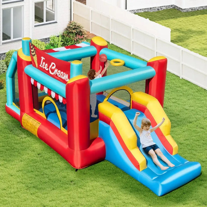 Colorful inflatable ice cream bounce house with slide on grass, kids playing, backyard setting