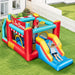 Colorful inflatable ice cream bounce house with slide on grass, kids playing, backyard setting