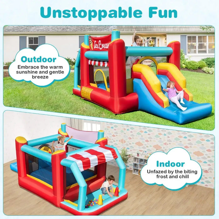 Colorful inflatable ice cream-themed bounce house and slide set up outdoors on grass with children playing