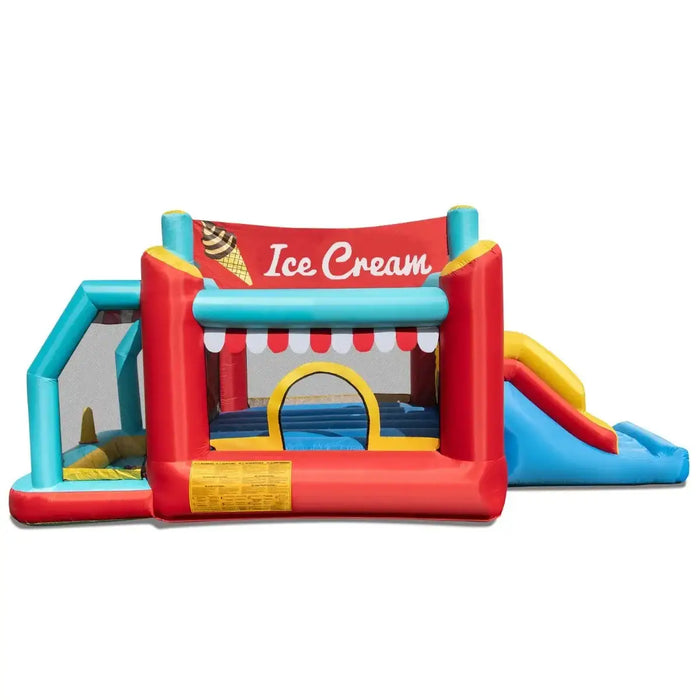 Colorful inflatable bounce house with ice cream theme, slide, and bright red, blue, yellow design