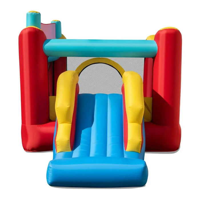 Colorful inflatable bounce house with blue slide, yellow side rails, and red pillars