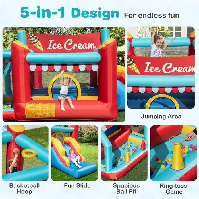 Colorful inflatable ice cream bounce house with slide, basketball hoop, ball pit, and ring toss game