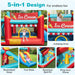 Colorful inflatable ice cream bounce house with slide, basketball hoop, ball pit, and ring toss game