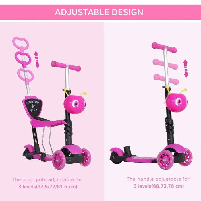 5-in-1 Kids 3 Wheels Mini Kick Scooter, Push Walker with Removable Seat and Back in Pink - Little and Giant Explorers HOMCOM