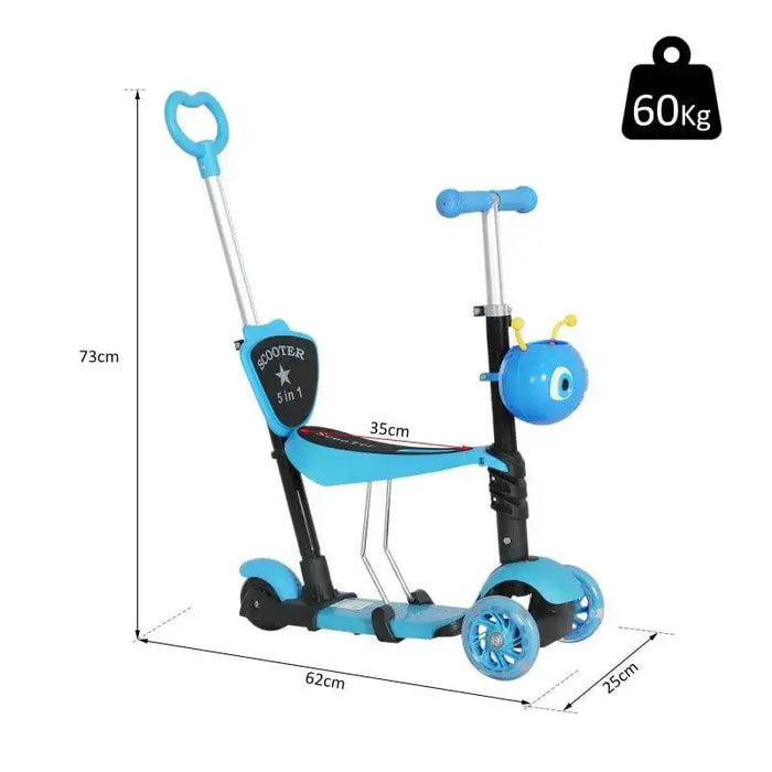 Blue 5-in-1 kids kick scooter with removable seat, parent handle, and cartoon basket.