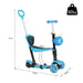 Blue 5-in-1 kids kick scooter with removable seat, parent handle, and cartoon basket.