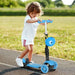 Child riding blue 3-wheel kids kick scooter outdoors on path, sunny park background