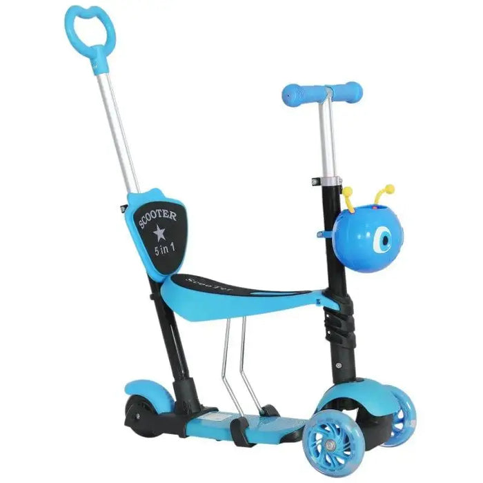 Blue 5-in-1 kids kick scooter with removable seat, parent handle, and cartoon head