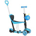 Blue 5-in-1 kids kick scooter with removable seat, parent handle, and cartoon head