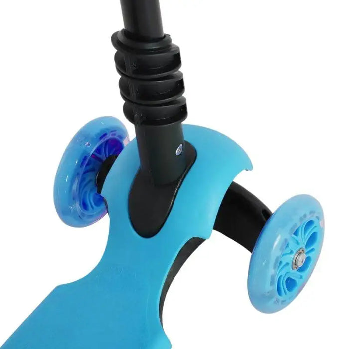 Close-up of blue kids' 3-wheel kick scooter with sturdy removable seat base