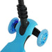 Close-up of blue kids' 3-wheel kick scooter with sturdy removable seat base
