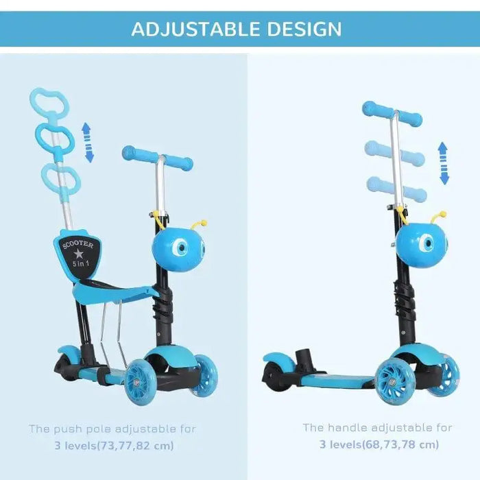 Blue 5-in-1 kids kick scooter with adjustable seat, parent handle, and cartoon face design.