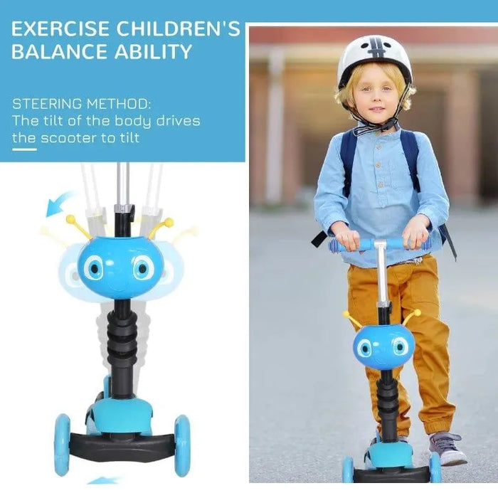 Child riding blue 5-in-1 kids kick scooter with fun face design and parent handle outdoors