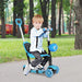 Boy riding blue 5-in-1 kids kick scooter with seat and parent handle in park