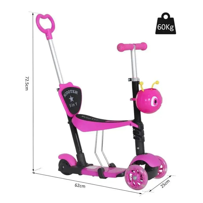 Pink 5-in-1 kids kick scooter with removable seat, parent handle, and insect design