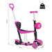 Pink 5-in-1 kids kick scooter with removable seat, parent handle, and insect design
