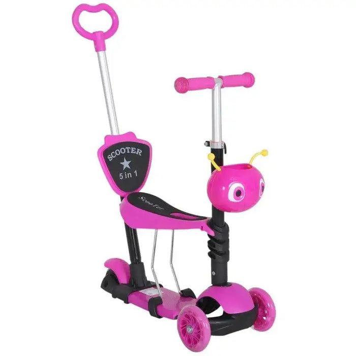 Pink 5-in-1 kids kick scooter with removable seat, parent handle, and bug face design