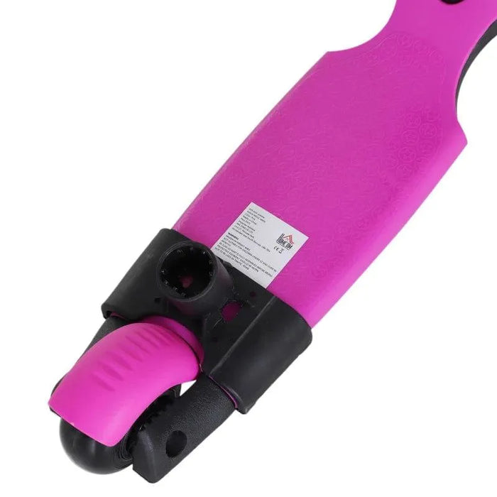 Close-up of pink 5-in-1 kids kick scooter deck and wheel with black detailing