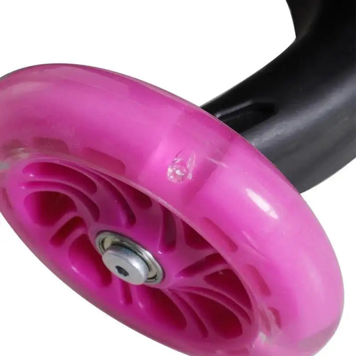 Close-up of pink wheel on 5-in-1 kids kick scooter with black frame