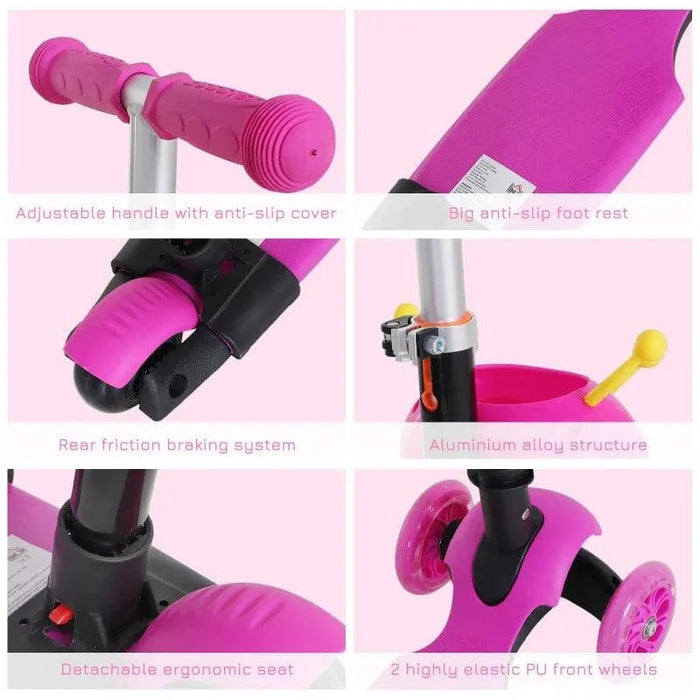 Pink 5-in-1 kids kick scooter features adjustable handle, anti-slip foot rest, detachable seat, rear brake, aluminium frame, and PU wheels.