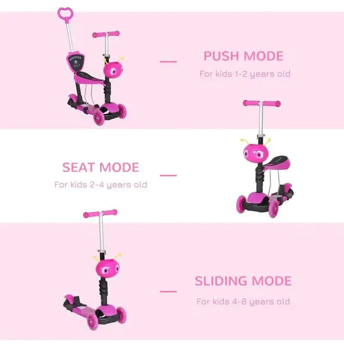Pink 5-in-1 kids kick scooter with push, seat, and sliding modes for different age groups.