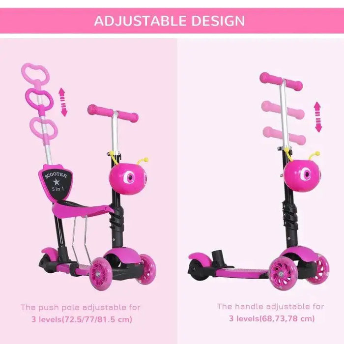 Pink 5-in-1 kids kick scooter with removable seat and parent handle, adjustable design.