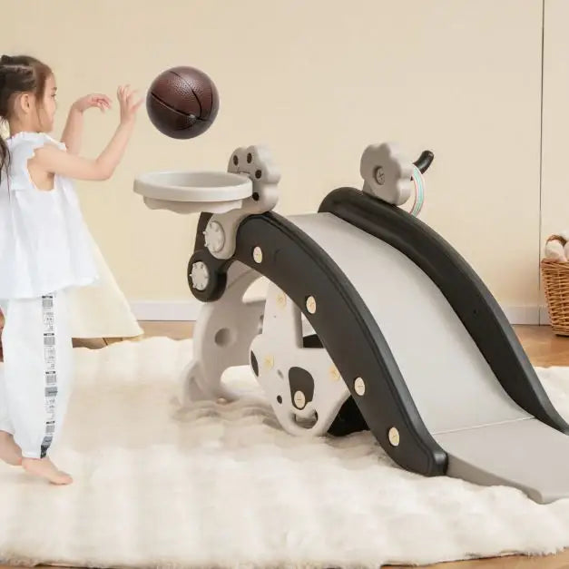 5-in-1 Rocking Horse and Slide Set – Black and White with Basketball and Ring Toss | COSTWAY - Little and Giant Explorers Costway