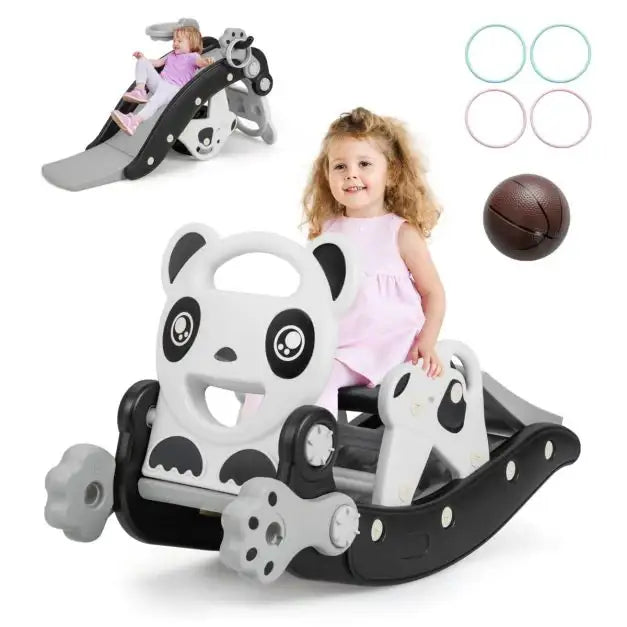 5-in-1 Rocking Horse and Slide Set – Black and White with Basketball and Ring Toss | COSTWAY - Little and Giant Explorers Costway