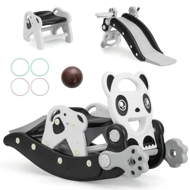 5-in-1 Rocking Horse and Slide Set – Black and White with Basketball and Ring Toss | COSTWAY - Little and Giant Explorers Costway