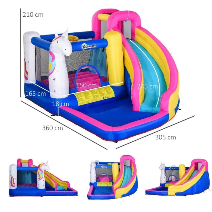 Colorful 5-in-1 unicorn bouncy castle with slide, pool, trampoline, basketball hoop and measurements