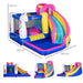 Colorful 5-in-1 unicorn bouncy castle with slide, pool, trampoline, basketball hoop and measurements