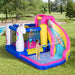 Kids playing on Outsunny 5-in-1 unicorn bouncy castle water park with slide and pool outdoors